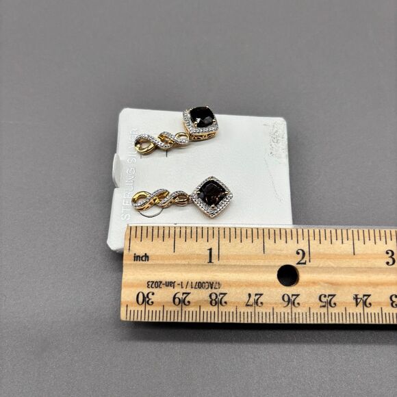 Sterling Silver 925 Smoky Quartz Dangle Earrings Gold Plated CZ Rhinestone Halo - Picture 6 of 11